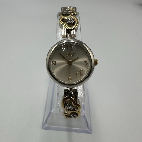 Heart Watch Women Silver Gold Two Tone  Rhinestone Band New Battery 7.5 Inch - Picture 4 of 14
